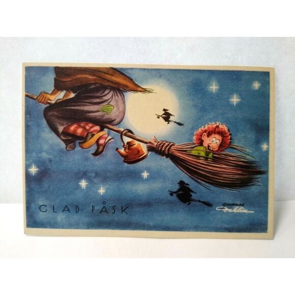 Halloween Easter Witch Postcard Fantasy Glad Pask Gremlin Rides Broom Full Moon - Picture 1 of 3